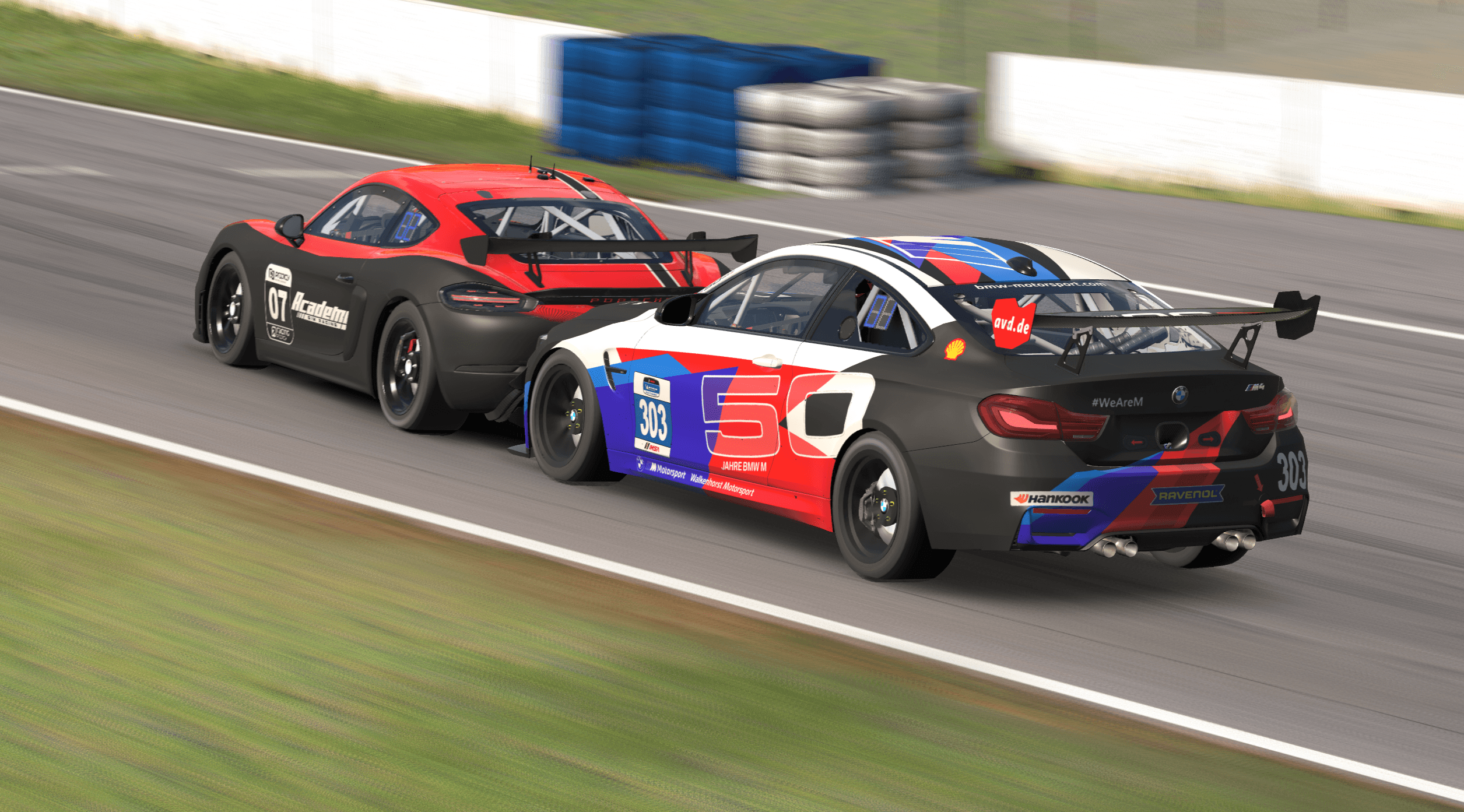 Porsche Cayman and BMW M4 GT4 cars racing side by side