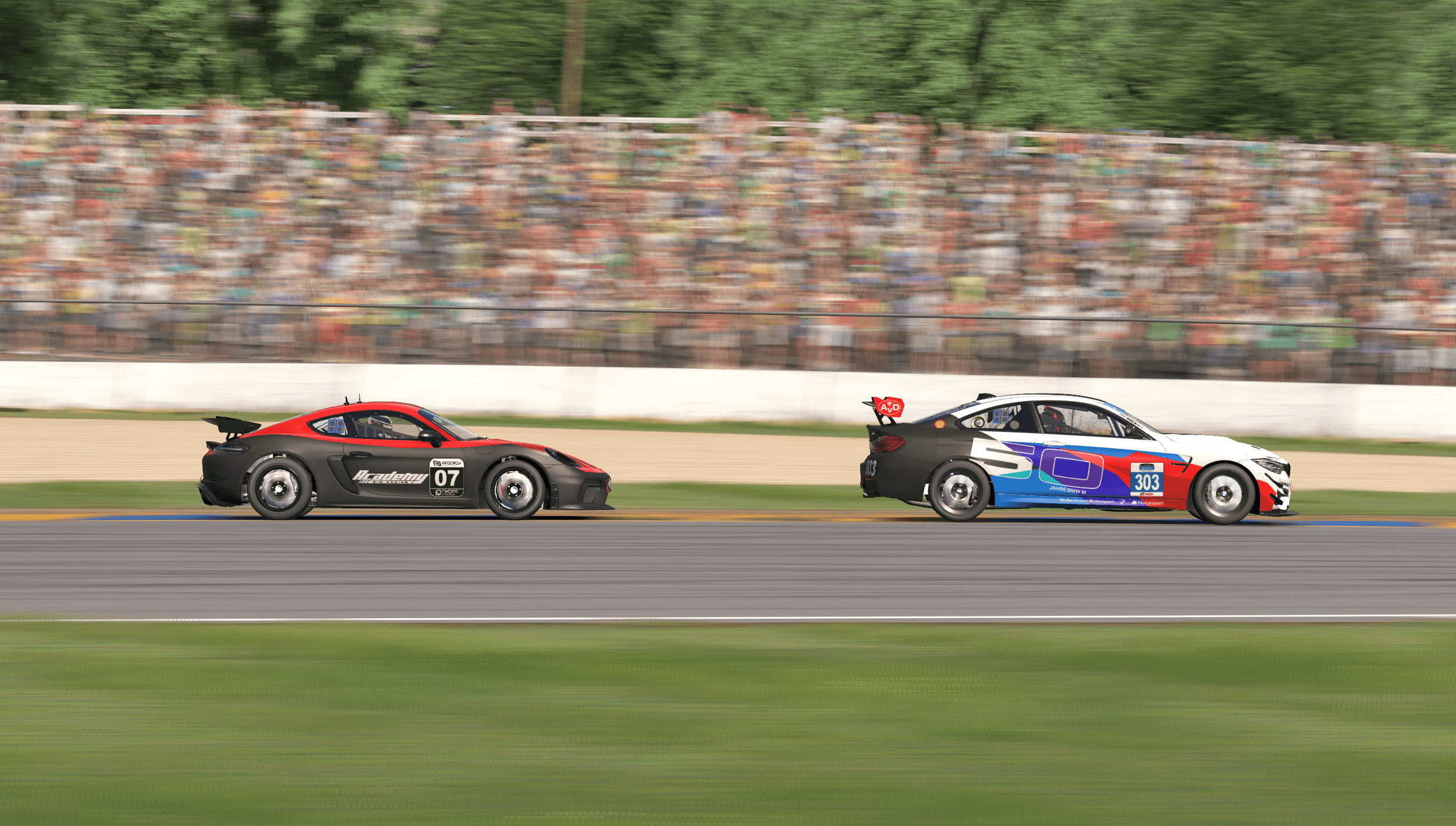 Porsche Cayman and BMW M4 GT4 cars battling in front of spectators